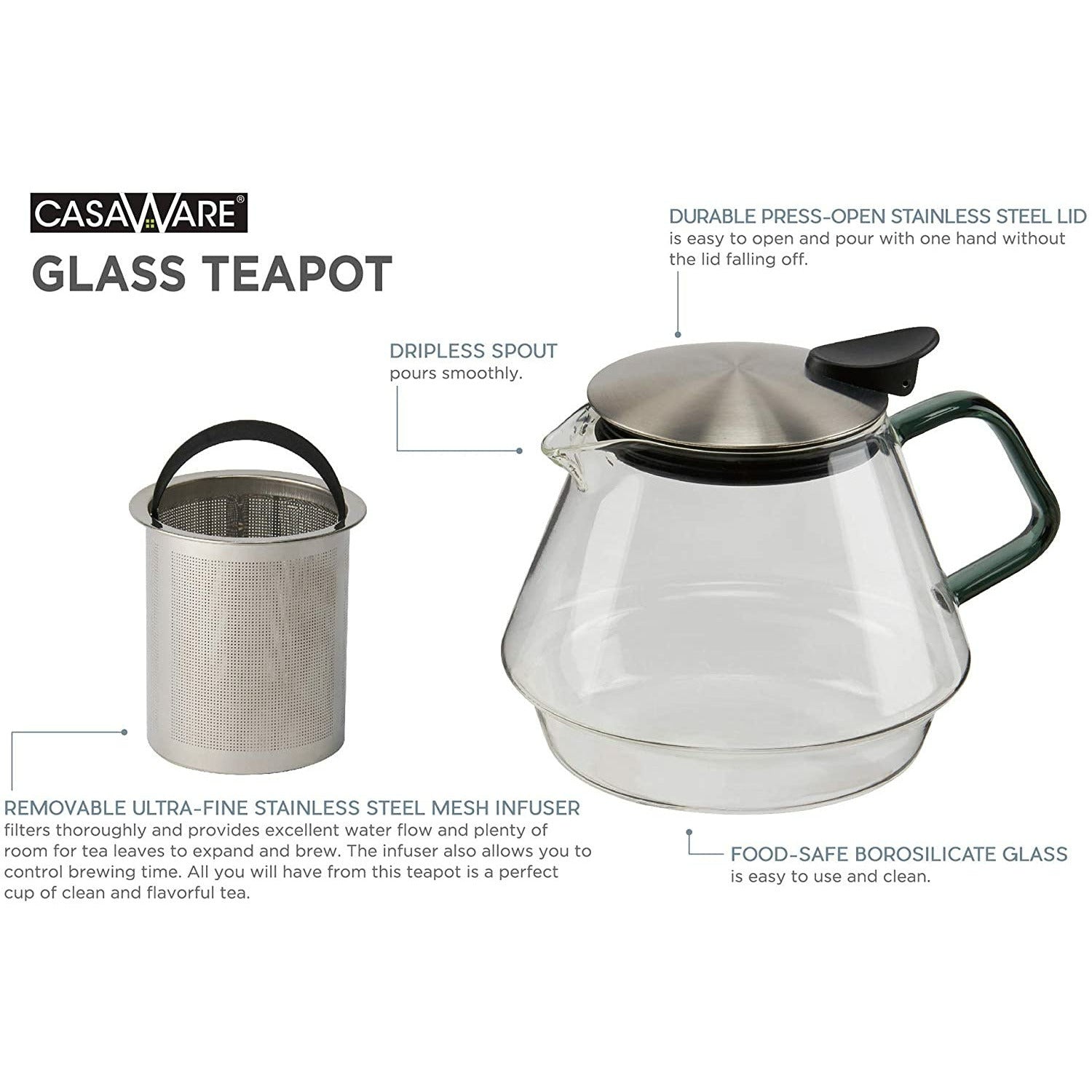 Teapot, Glass/Stainless, 24 oz