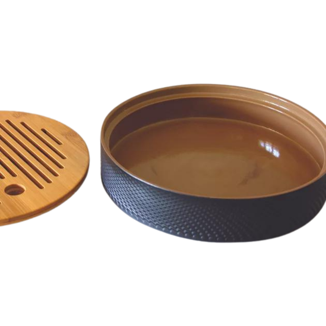 Tea Draining Tray, Black Ceramic + Bamboo