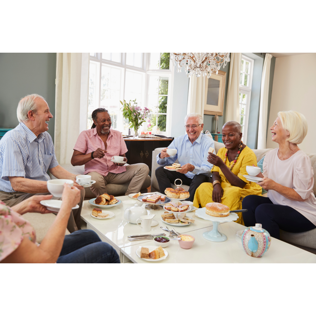 seniors laughing and drinking black tea